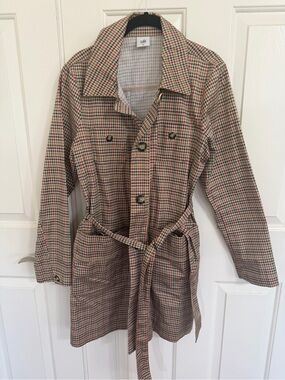 CAbi Sherlock Jacket - Houndstooth Belted Trench Coat in Red, Brown & Cream